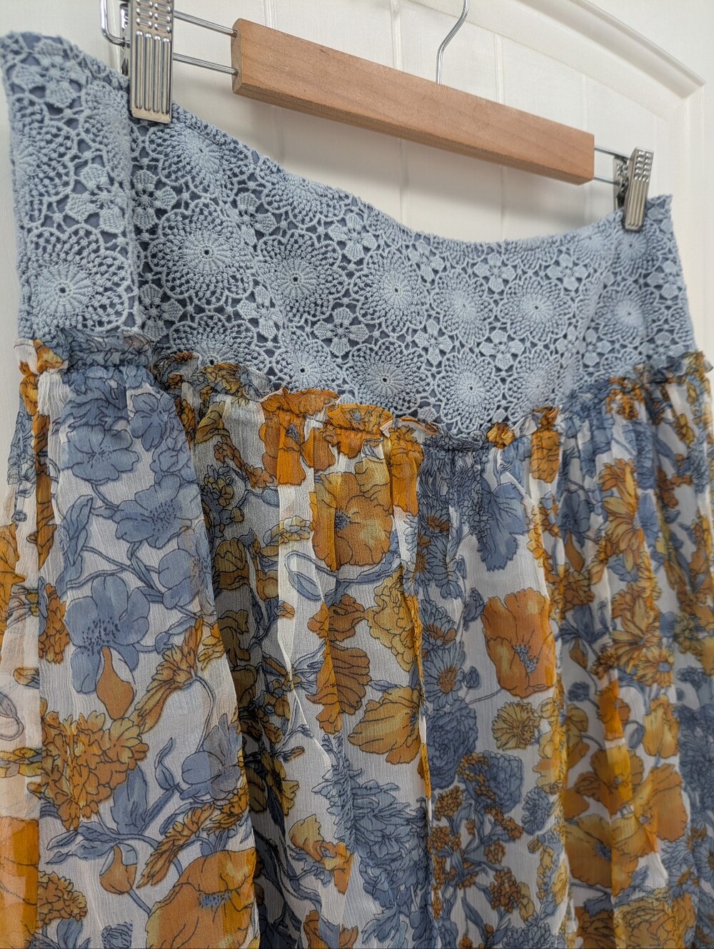Blue Tassel Silk Chiffon Floral Midi Skirt in Mustard and Blue- Anthropologie - Picture 3 of 9